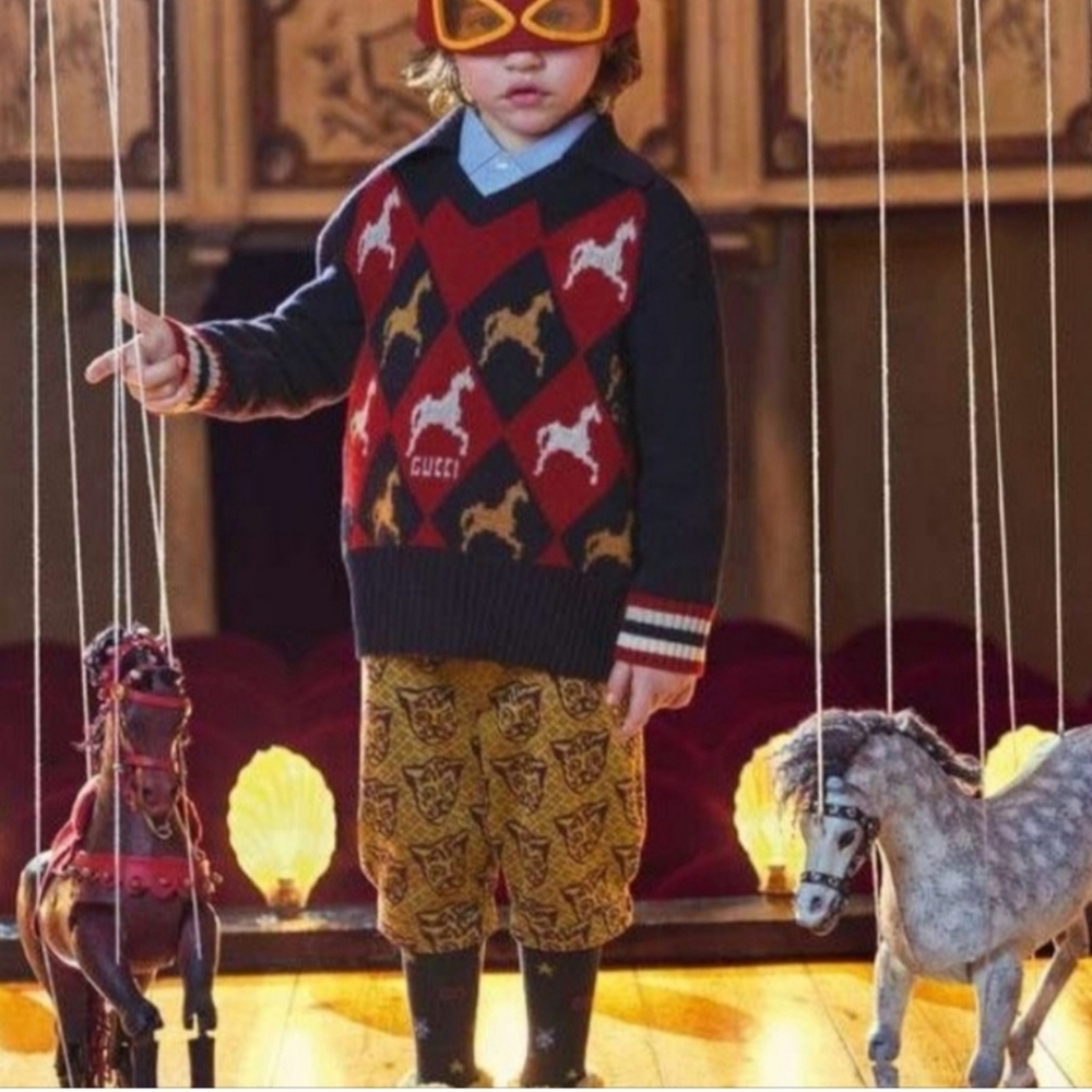 Gucci kids red blue argyle horse long sleeve polo wool sweater size 5 - Picture 12 of 12